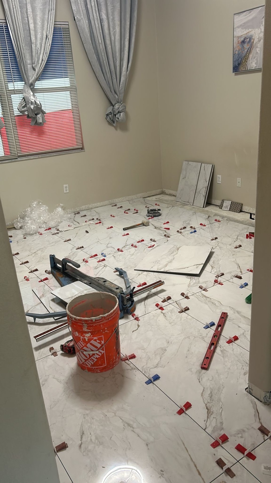 Tile installation in progress